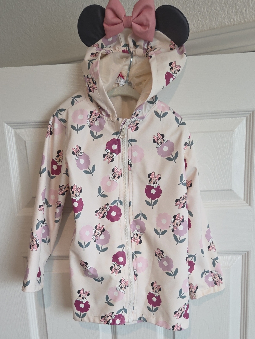 Disney Girls Cream Pink and Purple Floral Minnie Hooded Raincoat